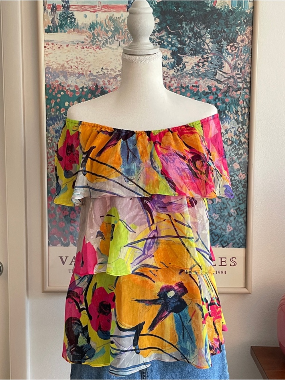 Floral Off The Shoulder Blouse Y2K Tiered Fairy Top Colorful Whimsy Sz Small